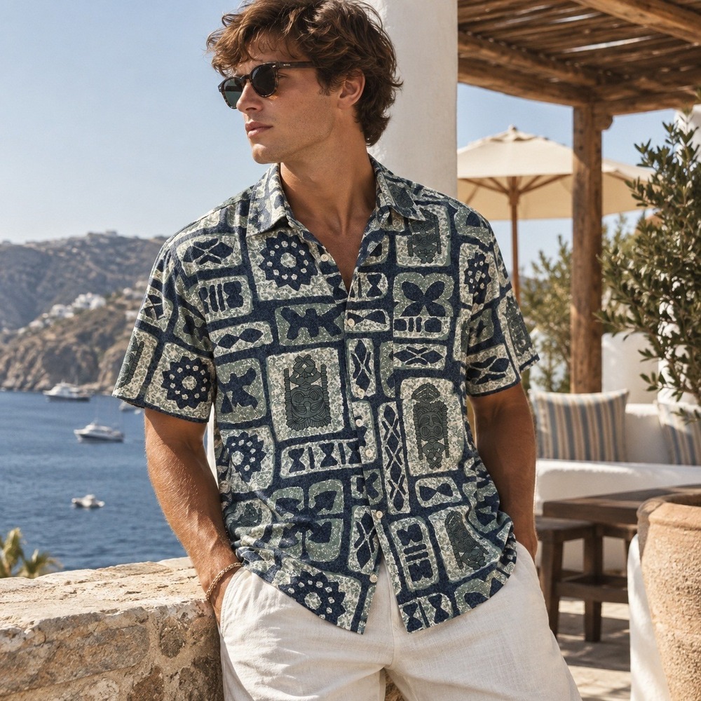 VTG Rusty Hawaiian Shirt Mens L Blue Tiki Tribal Totem Aloha Button down‎ resort